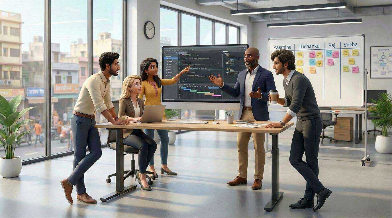 Diverse team collaborating in modern tech office