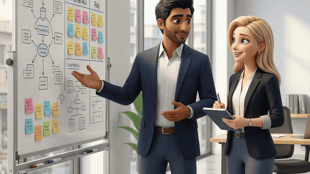 A consultant presenting strategy on a whiteboard to a colleague