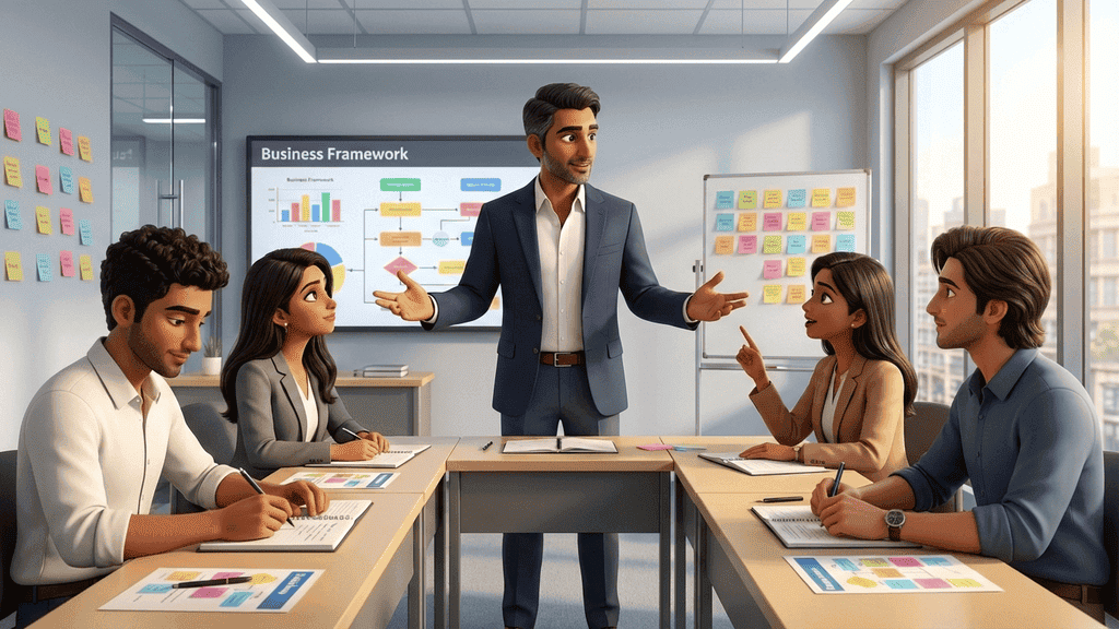 An instructor leading an interactive workshop with a group of professionals